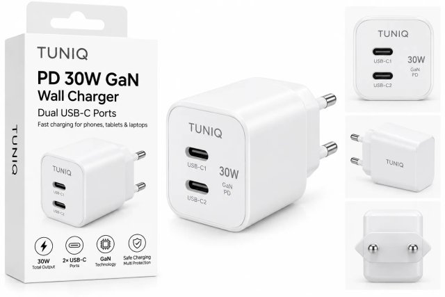 TUNIQ PD 30W GaN Síťová nabíječka — Dva porty — barva: bílá