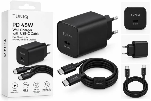 TUNIQ PD 45W — Síťová nabíječka s USB-C Kabel — barva: černá