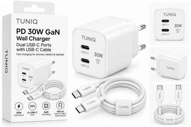 TUNIQ PD 30W GaN Síťová nabíječka — Dva porty s USB-C Kabel — barva: bílá